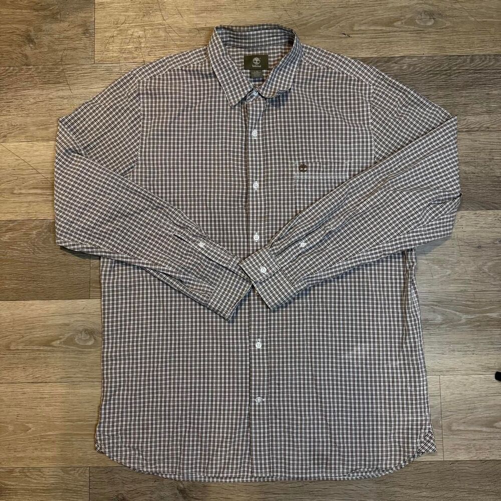 Timberland Men's Gingham Plaid Button Down Shirt Long Sleeve Brown Navy Size [L]